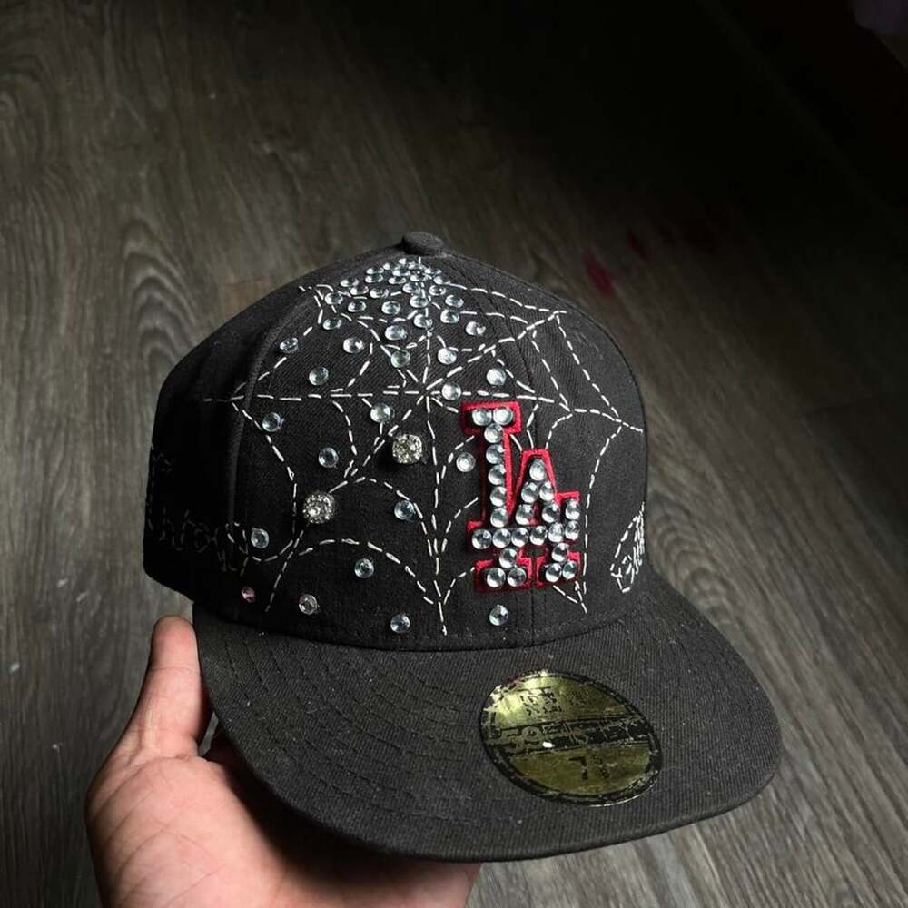 New Era Los Angeles Dodgers Fitted Hat Size 7 5/8 Spiderweb Rhinestone
